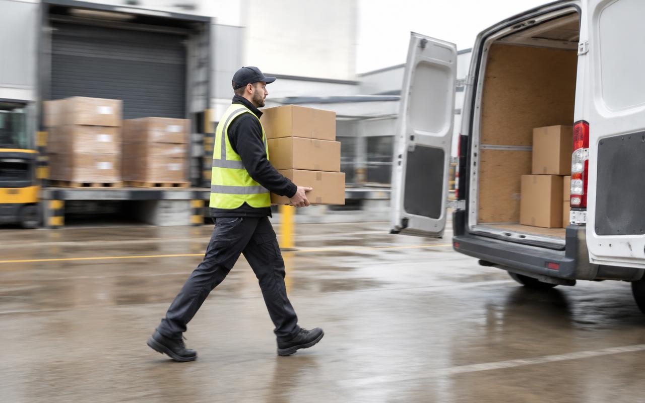 Livreur en gilet fluo chargeant des cartons dans une camionnette de livraison à quai