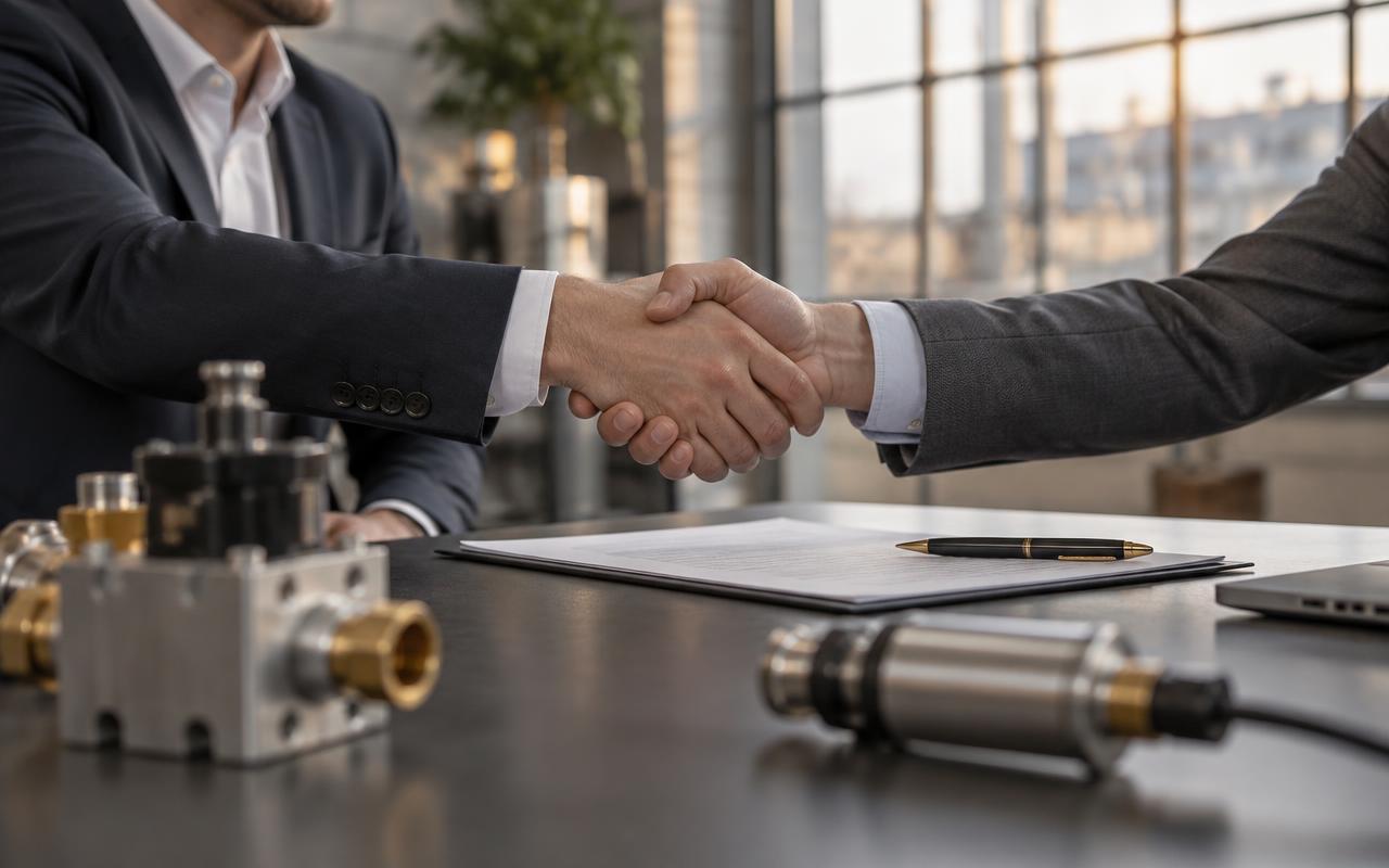 Deux professionnels se serrant la main au-dessus d’une table avec un devis signé et des composants industriels
