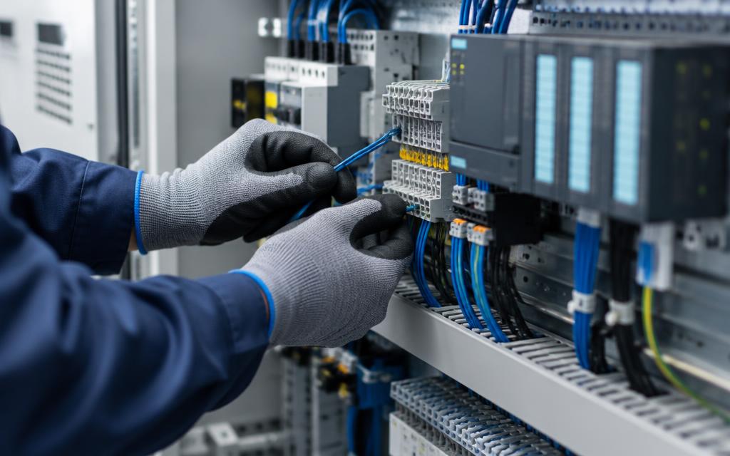 Technicien câblant des composants électroniques dans un tableau de commande industriel