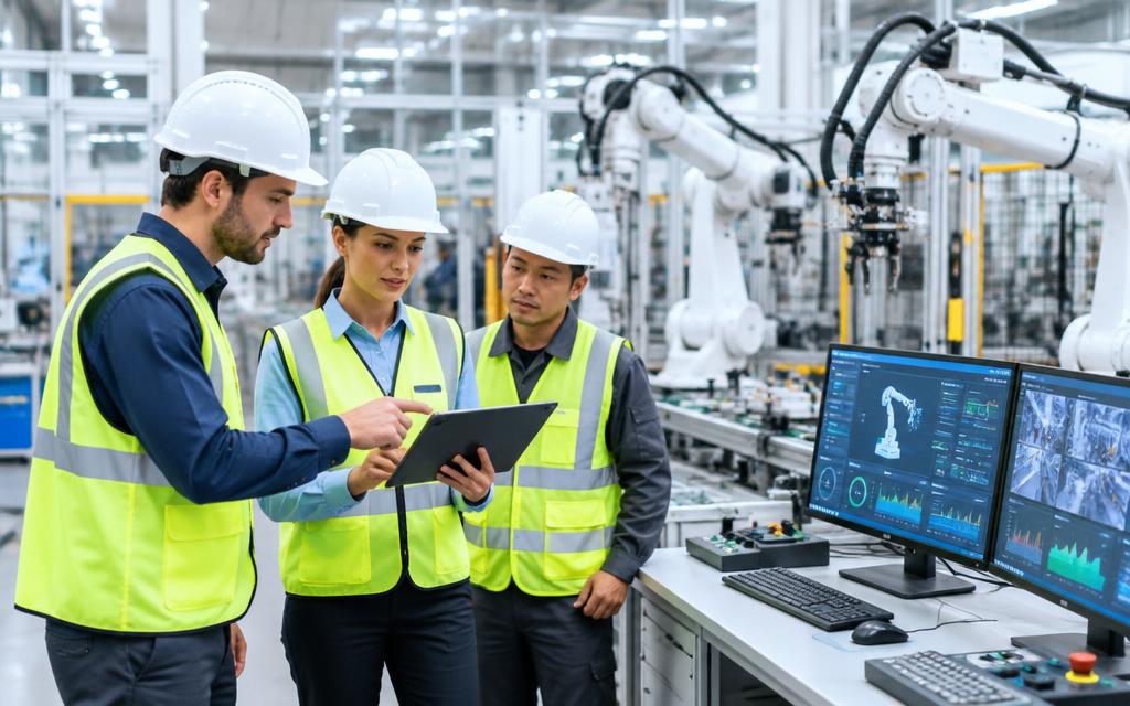 Ingénieurs collaborant devant des machines automatisées et des tableaux de contrôle dans une usine moderne